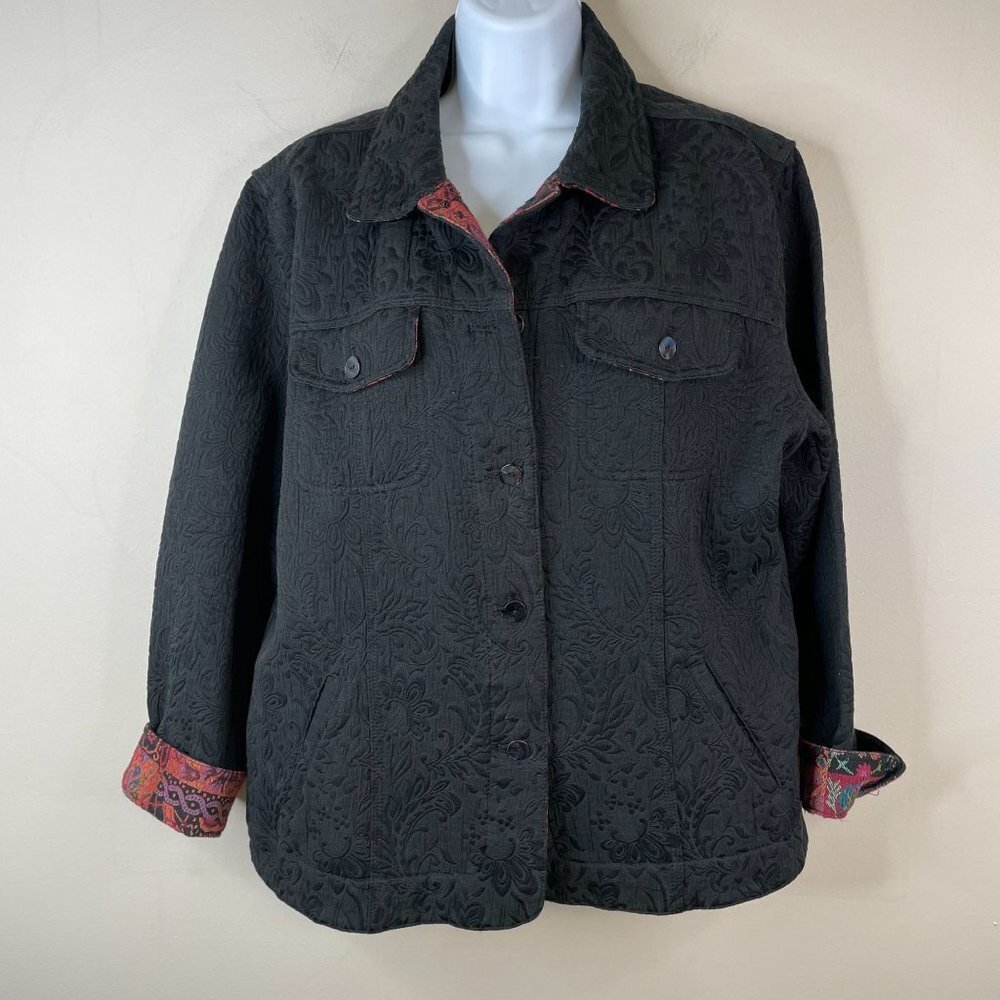 Chico's Womens Button Up Jacket Sz 2 L Black Blazer Brocade STRETCH Long Sleeve